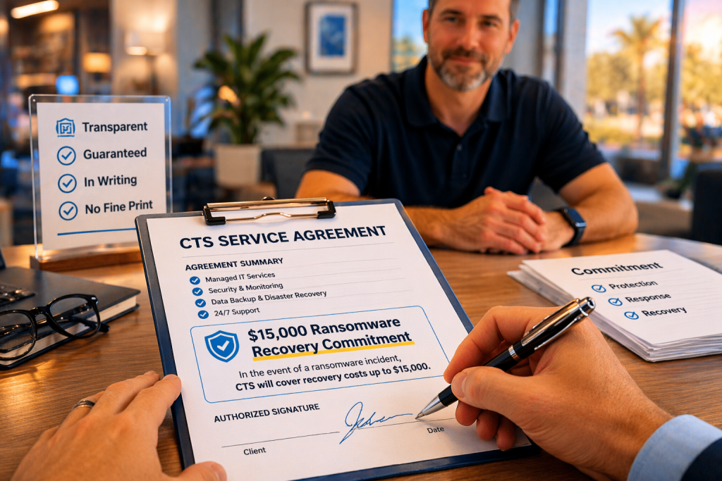 A business owner signing a CTS managed services agreement with the 17-guarantee CTS protection package.