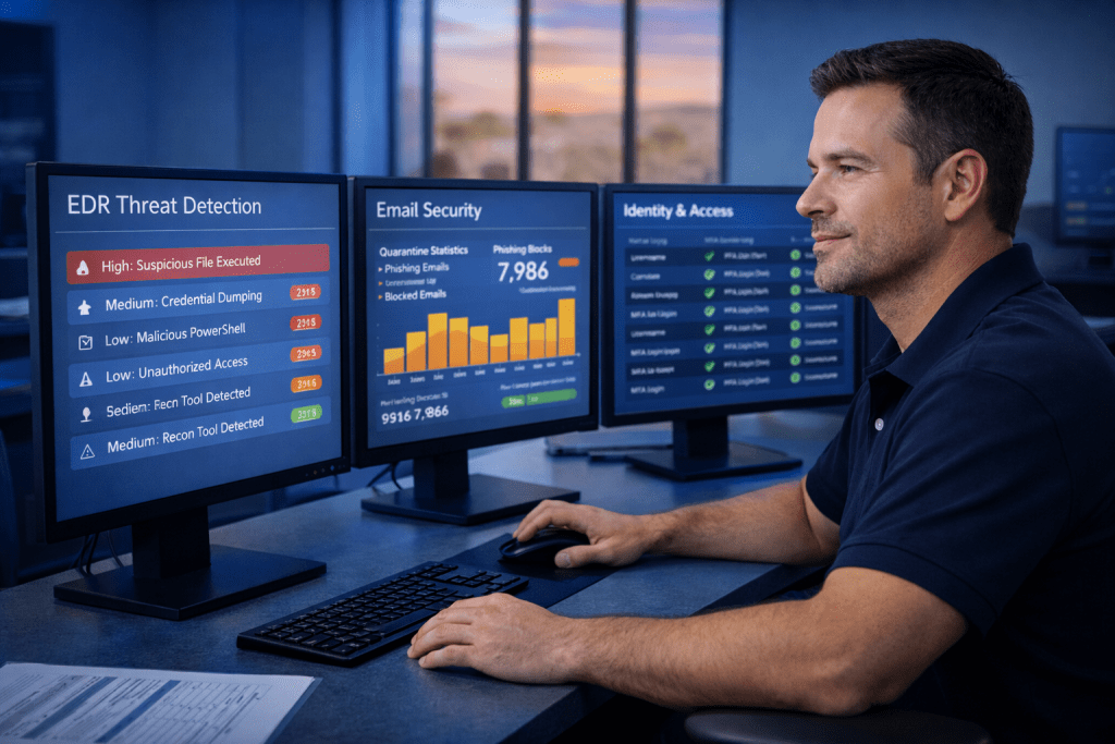 CTS security engineer monitoring a Security Operations Center dashboard for active cyber threats.
