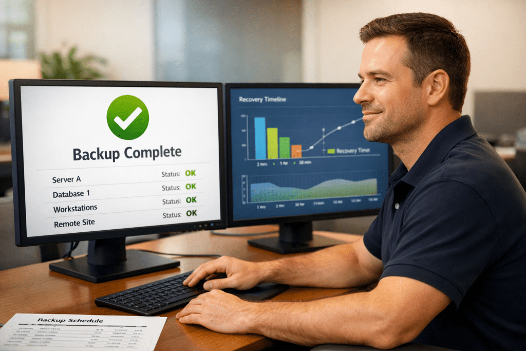 CTS data backup and disaster recovery — engineer confirming successful backup completion for Arizona business