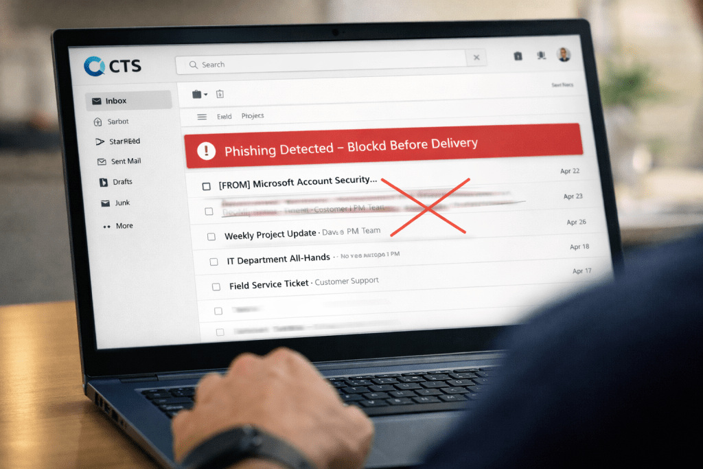 CTS email protection — phishing email detected and blocked before delivery to employee inbox