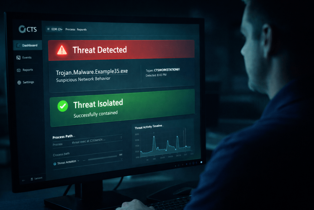 CTS Endpoint Detection and Response — active threat detected and automatically isolated on security dashboard