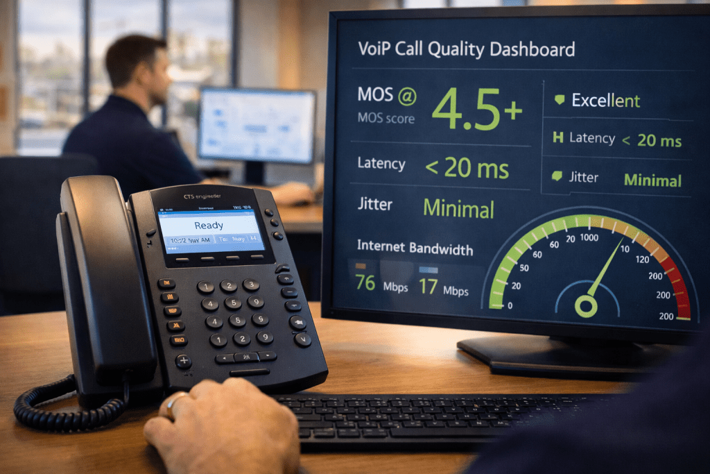 CTS ISP and VoIP services — desk phone with call quality dashboard showing healthy MOS and connectivity metrics