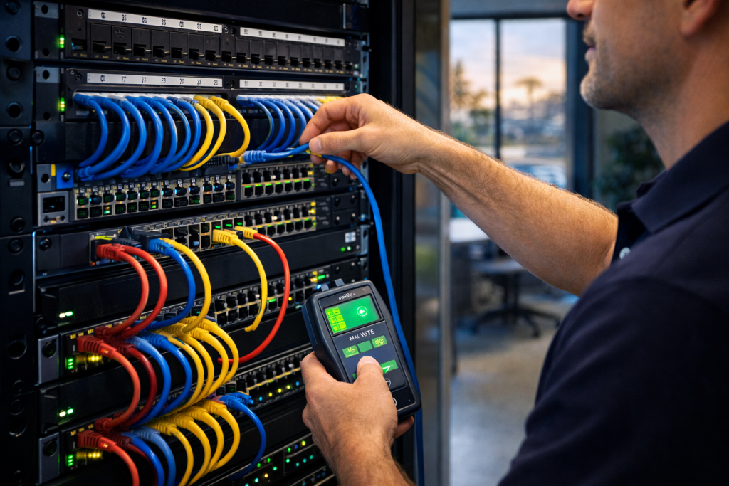 CTS network support — engineer working on managed network rack with switches and patch panel cables for Arizona SMB