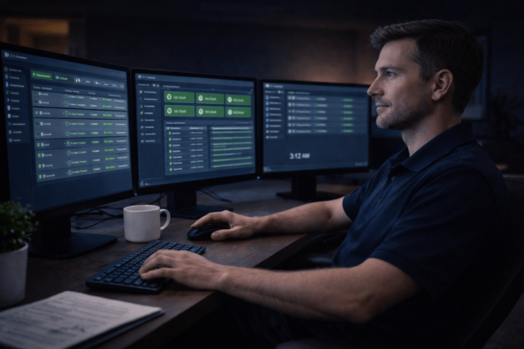 CTS 24/7 system monitoring — network dashboards showing all-green uptime status for an Arizona business